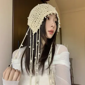 Women Hollow Knit Beanie Hat Cotton Pastoral Style Pearl Tassels Hollow Out Summer Sun Protection Cap Female Accessories
