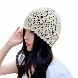 Women summer hollow crochet beanie hat vintage casual breathable knit cap elegant headwear