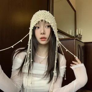 Handmade crochet pearl tassel balaclava hat, hollow out knit bonnet for women spring summer.