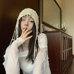 Handmade Crochet Pearl Tassel Knit Beanie Hat for Women Spring Summer Hollow Out Style