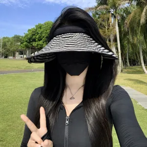 Cappello da Sole Estivo Donna Top Vuoto Tesa Larga Pieghevole Rigato Spiaggia Ricamato Protezione UV Visiera