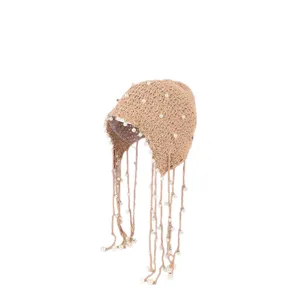 Handmade crochet pearl tassel bucket hat women spring summer hollow knit beach cap chic style