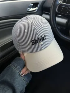 Striped embroidery baseball cap with curved brim and Shhh text for women sun protection
