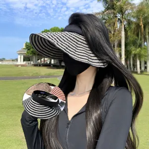 Cappello da sole a tesa larga a righe per donna, design vuoto con fascia elastica estiva.