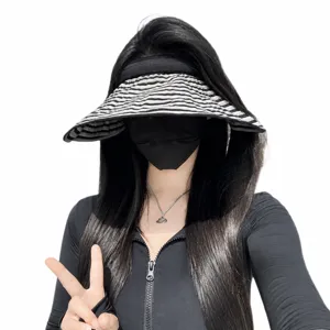 Cappello da sole vuoto da donna a righe tesa larga protezione UV pieghevole estivo