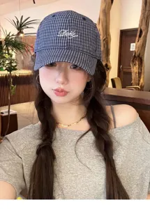 Korean style plaid embroidery baseball cap for women versatile duck tongue hat spring autumn.