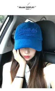 Retro blue baseball cap with letter embroidery, wide brim, Korean style sunshade hat.