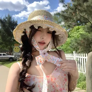 French floral tie straw hat women summer beach lace hollow sun protection sun hat