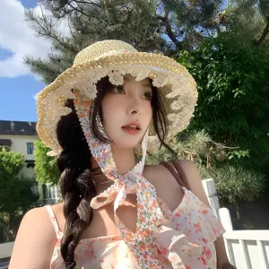 French floral ribbon straw hat for women summer beach vacation lace hollow sun protection hat
