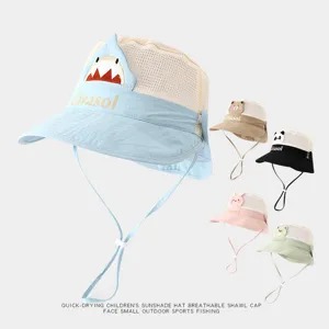 Detail view of kids quick-drying sun hat with breathable mesh and cute cartoon animal design.