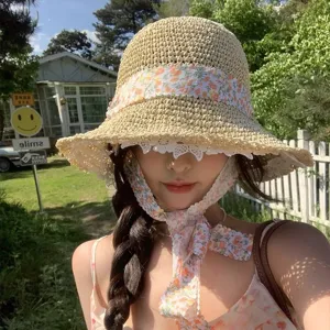 French floral lace ribbon straw hat for women summer beach vacation sun protection