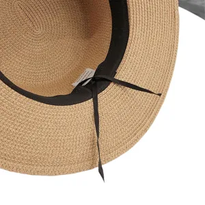 Women flat top straw hat summer sun protection beach hat with black ribbon decoration