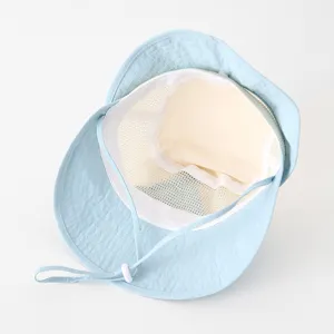 Breathable mesh baby sun hat with adjustable strap, cute outdoor sun protection cap for kids.