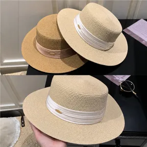 Women summer flat top straw hat with ribbon wide brim sun protection beach boater hat chic