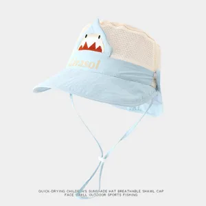Kids sun protection bucket hat mesh breathable cute shark outdoor summer sun hat detail