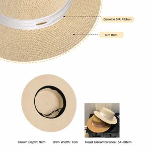 Classic French flat top straw hat for women, wide brim sun protection with silk ribbon.