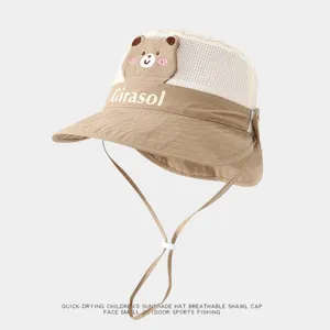 Detailed close-up of breathable mesh children sun hat with cute bear patch and sunshade strap.