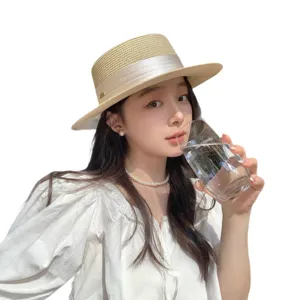 French flat-top straw hat for women, summer sun protection wide brim woven hat with ribbon.