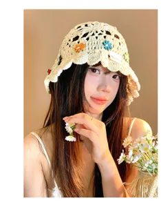 Handmade Crochet Hollow Flower Bucket Hat Japanese Retro Sun Protection Casual Summer Hat