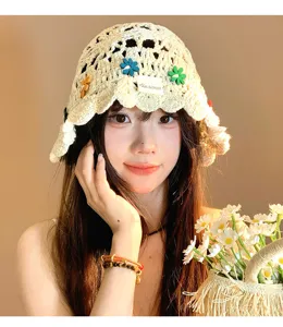 Handmade crochet hollow flower bucket hat women summer Japanese retro breathable sun hat