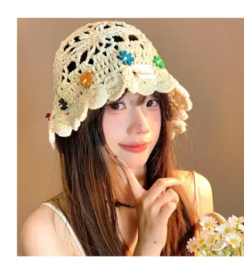 Handmade crochet hollow-out floral bucket hat, Japanese retro casual sunshade hat for women.