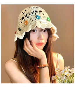 Handmade crochet flower bucket hat detail, vintage hollow out sun hat for women and girls.