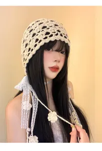 Crochet lace tassel cap for women, vintage hollow knit beanie summer sun protection.