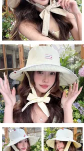 Femme printemps été doux bob à carreaux avec nœud ruban grande bord chapeau de soleil