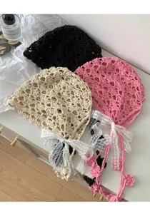 Crochet lace tassel bonnet women spring summer vintage knitted sun hat cute chic breathable cap