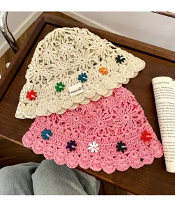 Handmade crochet hollow flower bucket hat, Japanese retro floral sunshade hat for women.