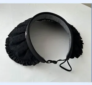 Black summer sun visor hat with wide brim, cute ruffles, doted fabric and back strap.