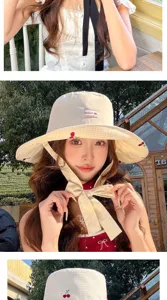 Joli chapeau bob à carreaux pour femmes, ruban doux grand bord protection solaire.