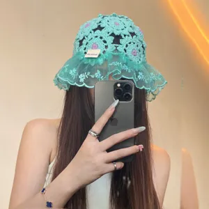 Japanese crochet lace bucket hat for women, sweet hollow out basin hat for sun protection.