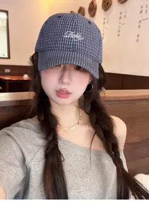Korean style plaid embroidered baseball cap for women, classic curved brim stylish streetwear hat.
