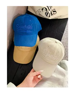 Detailed view of vintage embroidered baseball cap, wide brim, Korean casual style.