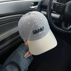 Korean style striped women baseball cap with chic embroidery curved brim casual sun protection hat