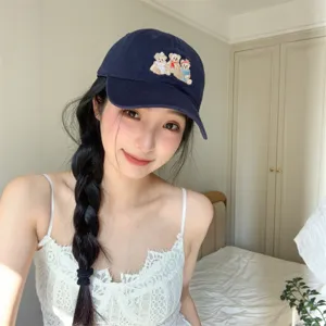 Cute embroidered bear baseball cap for women, casual Korean style sun protection hat.