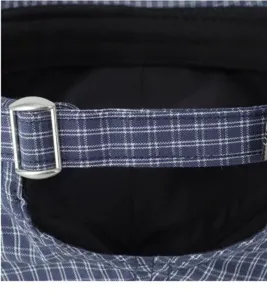 Detailed view of the adjustable strap and metal buckle on a Korean style plaid baseball cap.
