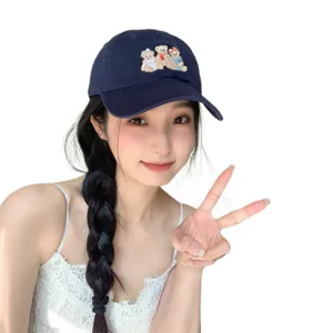 Cute embroidered bear baseball hat for women, stylish Korean style casual sun protection cap.