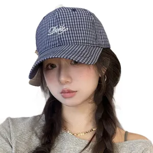 Korean style plaid embroidery baseball cap for women, versatile trendy sun protection hat.