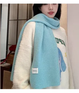 Light blue ribbed knit winter scarf, cozy warm classic student style soft fashion neck warmer.