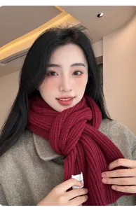 Korean style thick ribbed knit scarf in dark red, warm winter cozy fashion accessory.