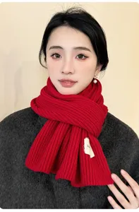 Korean style red knitted scarf for women, warm and thick solid color winter scarf for daily wear.