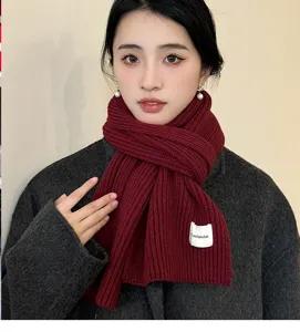 Korean style thick knitted scarf for women, cozy solid color winter warm neckwear detail.