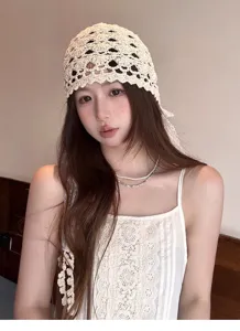 Hollow lace tassel headscarf hat women spring summer vintage knitted sun protection cap chic.