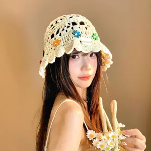 Handmade Crochet Hollow Flower Bucket Hat Women Japanese Retro Casual Sun Protection Fisherman Hat Summer Beach Sun Hat