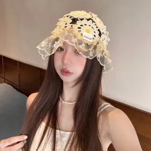 Japanese crochet lace fisherman hat for women, sweet hollow floral bucket hat spring summer.