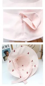 Chapeau bob rose à carreaux avec cerises brodées et ruban, style doux printemps été.