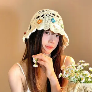 Handmade crochet hollow out flower bucket hat for women Japanese retro sun hat summer