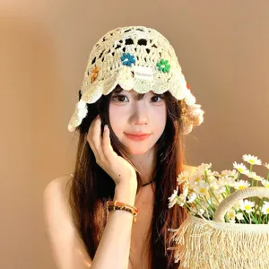 Hand-crocheted hollow flower bucket hat, Japanese retro cute sun protection hat for summer women.